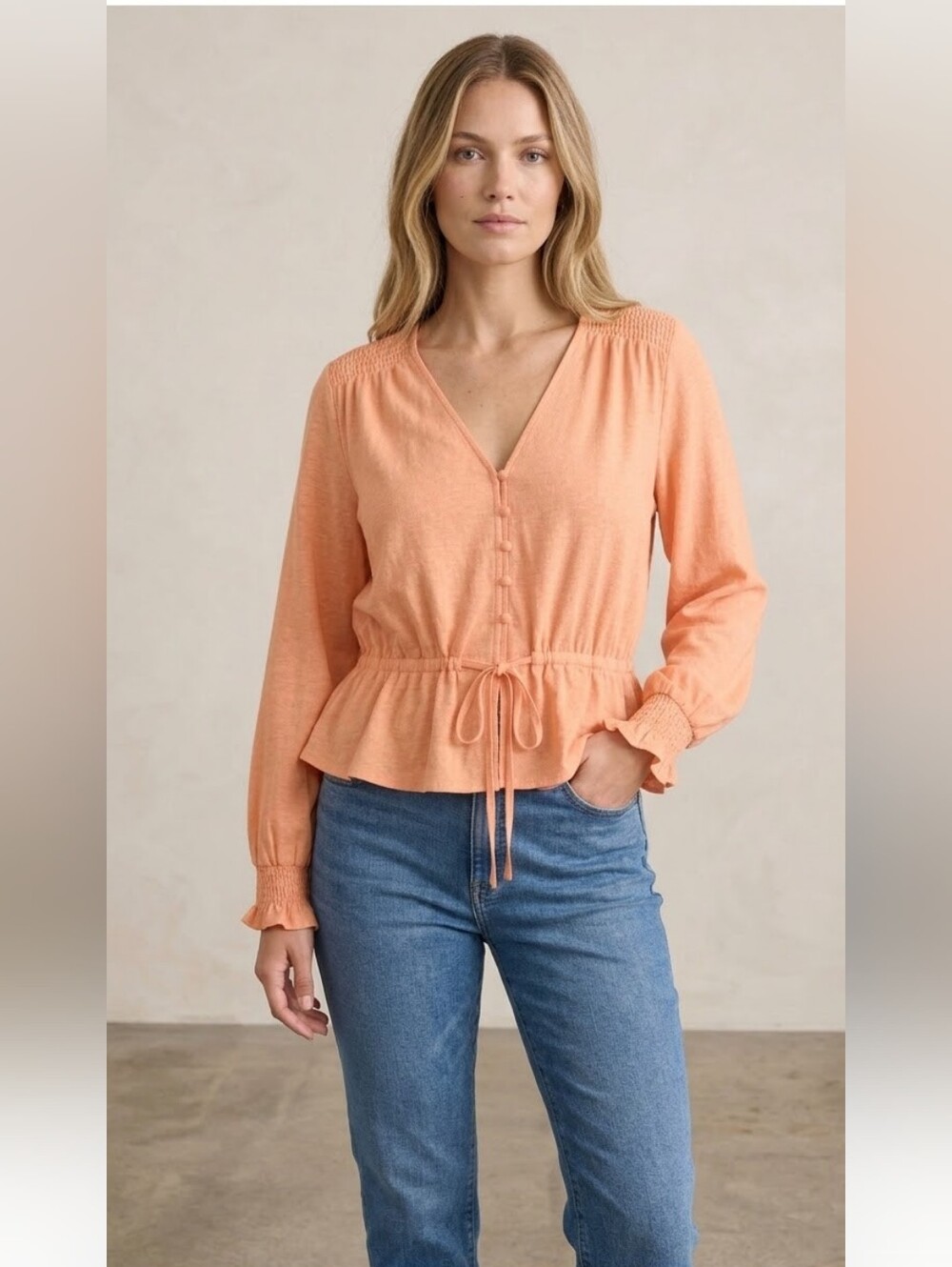 POL Peach Long Sleeve Peplum Drawstring Top Sz M NWT